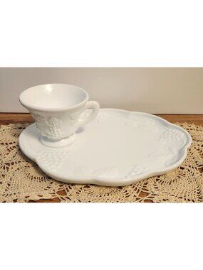 Luncheon Set Vintage Milk Glass Colony Harvest Oval Snack Plate & Footed Tea Cup